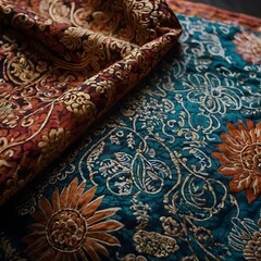 A blue and orange fabric with flowers and leaves