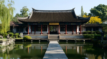 Traditional Chinese Garden Architecture with Reflective Pond and Lush Greenery : Generative AI