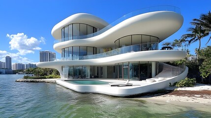 A luxury waterfront property with curved architecture, expansive balconies, and glass railings.