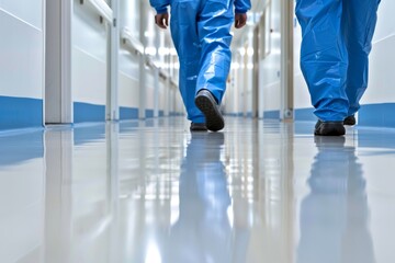 Obraz premium A group of doctors walking in a hospital corridor with a beautiful view and great composition
