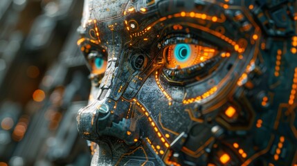 Fototapeta premium Close-up of a robotic eye with glowing orange circuits. AI generative. .
