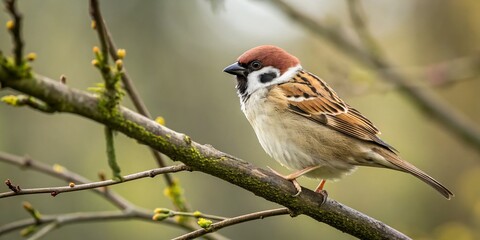 Obraz premium Adorable Baby Eurasian Tree Sparrow Perched on Branch, Tilt-Shift Photography