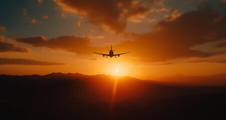 Naklejka premium Airplane Soaring Through a Sunset Sky, A Symbol of Travel and Global Journeys in Stunning Realistic Photography