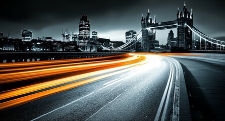 London cityscape at night with Tower Bridge and light trails on road