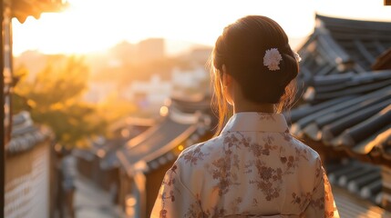 Back view of korean asian woman in traditional korean dress or hanbok dress walking in old palace in night with full moon, Seoul city, South Korea,copy space.