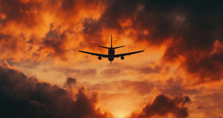 Airplane Soaring Through a Sunset Sky, A Symbol of Travel and Global Journeys in Stunning Realistic Photography