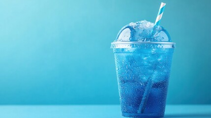Refreshing blue slush drink in a clear plastic cup with striped straw on blue background