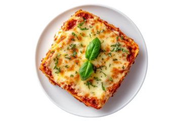Cheesy baked lasagna with fresh basil garnish in a white plate isolated on white or transparent, PNG