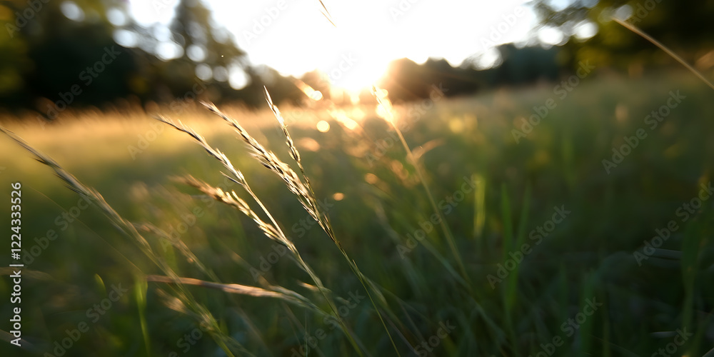 Aufkleber sunlit meadow with tall grass in tranquil nature setting at golden hour : generative ai