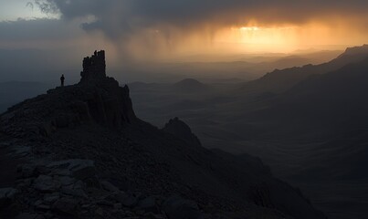 Obraz premium Lone hiker on rocky peak at sunset with dramatic rain and mountains