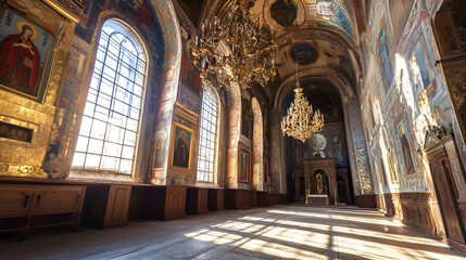 Fototapeta premium Opulent Church Interior with Golden Chandeliers and Historic Paintings : Generative AI