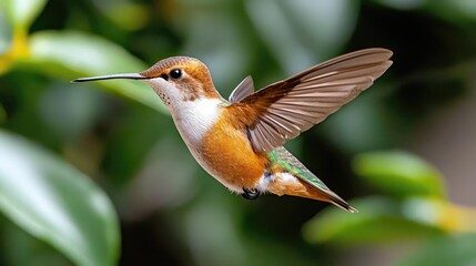 Fototapeta premium Rufous hummingbird in flight, garden background, nature photography, website banner