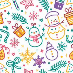 Festive Christmas seamless pattern with cute snowmen, gifts, candy canes, and snowflakes.