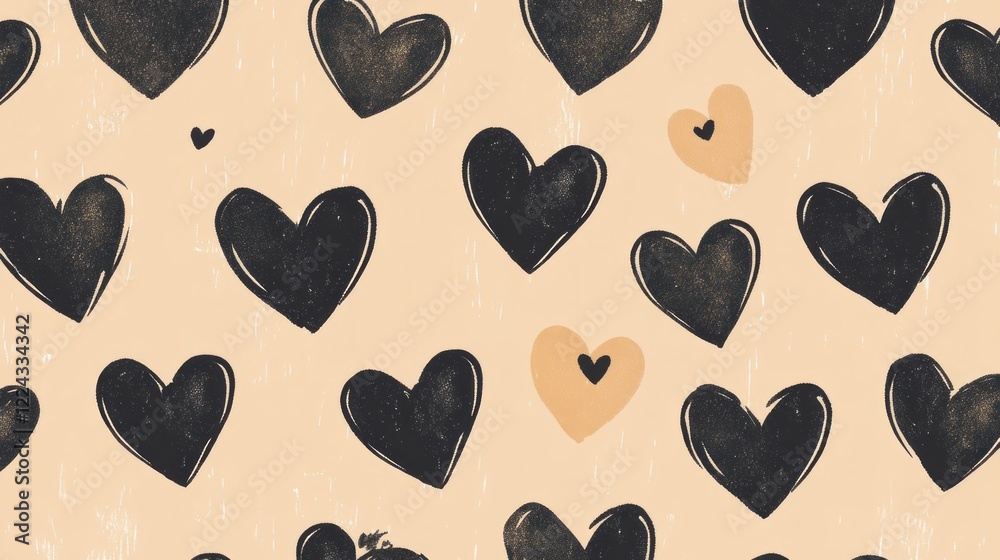Poster Hand-drawn hearts create a playful and artistic pattern, showcasing bold black shapes interspersed with subtle beige tones. This design is ideal for various creative applications