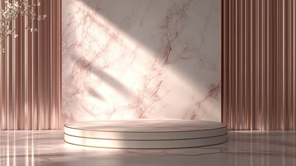 Abstract white and pink background with a podium for product presentation, a Valentine's Day theme with heart-shaped decorations on an empty stage. 