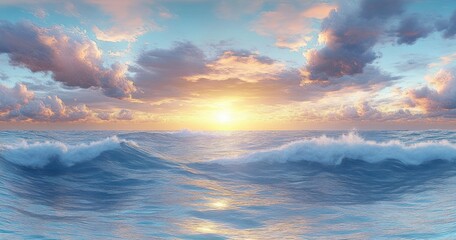 Fototapeta premium Serene Ocean Landscape with Gentle Waves and Dynamic Clouds in Impressionist Style