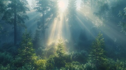 Obraz premium Sun rays pierce through a misty forest, illuminating tall trees and the forest floor. AI generative. .
