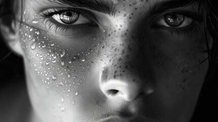 Fototapeta premium Close up of a person's face with water droplets. AI generative. .