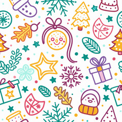 Festive winter seamless pattern with hand-drawn ornaments.