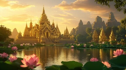 Fototapeta premium Majestic ancient Siamese royal palace at sunset with lotus pond reflection