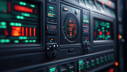 Obraz premium Close-up of a futuristic control panel with glowing displays.