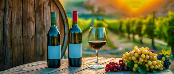 Naklejka premium Sunset Vineyard: Wine Bottles, Glass, and Grapes