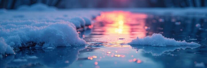 Softly glowing colors trapped in the frozen water, soft glow, frosty still life