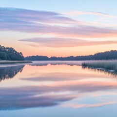 Fototapeta premium Serene sunrise over calm lake reflecting pastel sky.