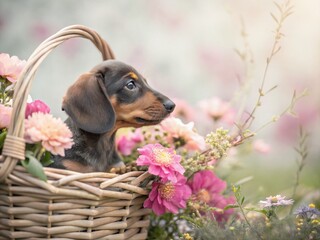 Adorable Dachshund Puppy in Flower Basket - Double Exposure Stock Photo
