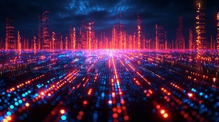 Obraz premium Red and blue lights form a futuristic cityscape. AI generative. .