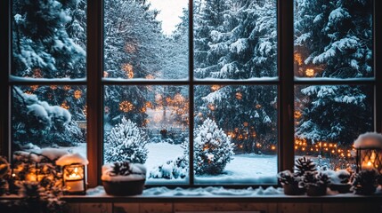 Naklejka premium Snowy winter scene through window with lights and decorative pine cones on the windowsill