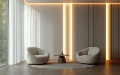Minimalist Interior Design Scene with Plush Armchairs Cozy Table Natural Light Soft Atmosphere Modern Style