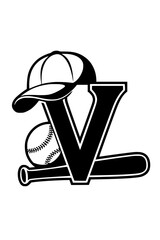 Fototapeta premium Baseball Icon with Letter V Design, Black and white sports-themed graphic featuring a baseball bat, ball, cap, and bold letter 