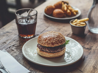 A mouthwatering hamburger with melted cheese, savory meat, and crisp vegetables, perfect for a restaurant lunch