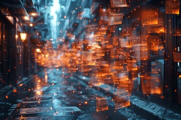 Fototapeta premium Glowing orange squares float in a dark city alley with blurred lights. AI generative. .