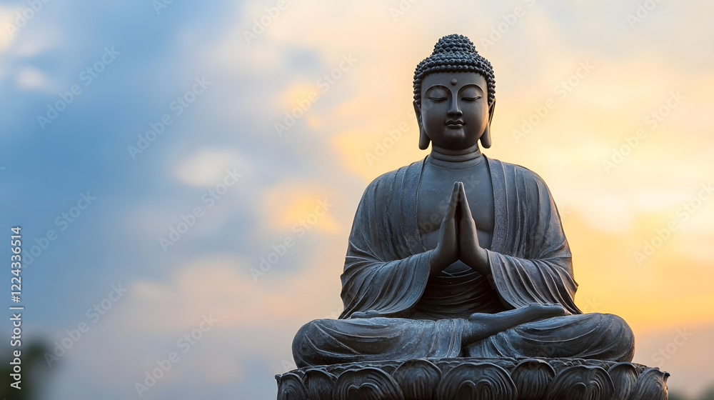 Poster buddha peacefully meditating at twilight with softly lit background : generative ai