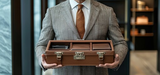 Man in suit presenting leather accessories gift set in store