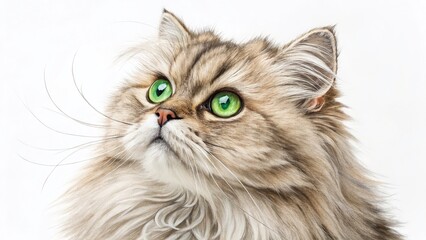 Adorable Fluffy Cat Portrait: Green Eyes, White Background Illustration