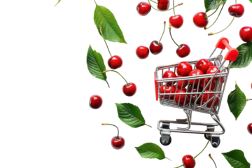 A tiny shopping cart filled with vibrant red cherries surrounded by fresh leaves on a clean white surface isolated on transparent background