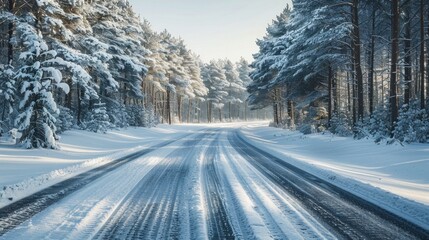 A snow covered road through a wintery forest, tire tracks visible on the snow. AI generative. .