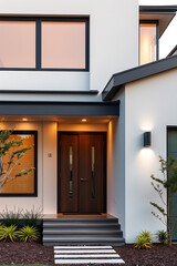 Fototapeta premium Modern House Exterior: Contemporary Home Design and Architecture. Luxury Real Estate. Night View