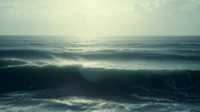Majestic ocean waves rolling under cloudy skies captured at sunrise
