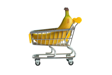 A cheerful grocery cart holds vibrant bananas against a clean, minimalist backdrop, showcasing the simple joy of fresh produce shopping isolated on transparent background