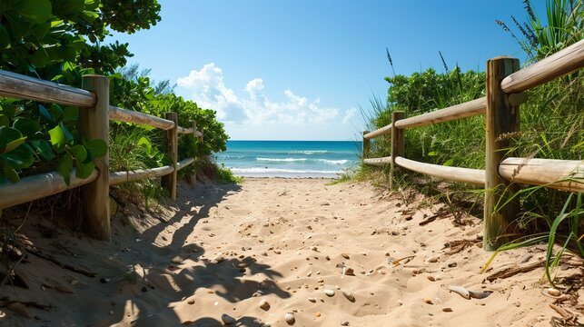 A sunny beach path framed by wooden railings leads to the azure ocean, creating a calming and inviting scene for beachgoers.