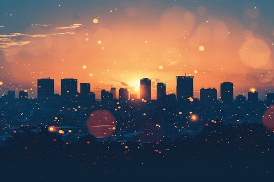 Silhouetted cityscape at sunset with a soft glow and blurry lights. AI generative. .