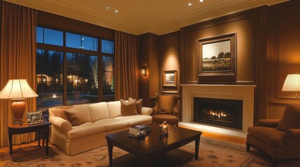 Cozy living room with fireplace at night. Perfect for real estate, home décor, or relaxation themes.