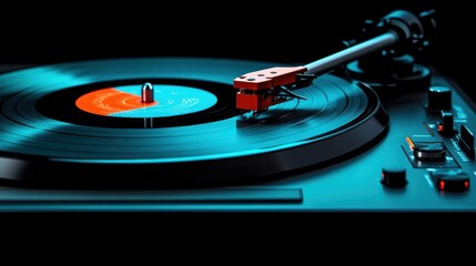 Vintage turntable playing vinyl record with orange label in close-up shot