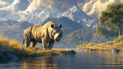 Majestic Tiger-Rhino Hybrid by Mountain Lake: A Serene Digital Painting