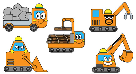 トレーラー、ダンプカー、ショベルカー、ハーベスターなどの働く車のイラスト © ribitts