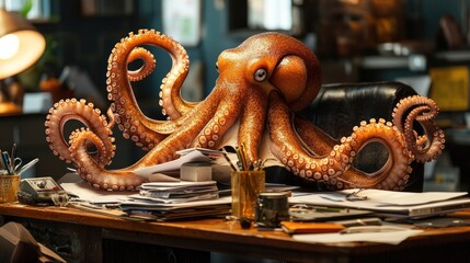 Fototapeta premium Octopus on a Desk Surrounded by Papers and Art Supplies